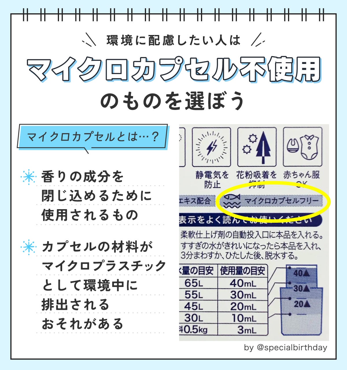 環境に配慮したい人はマイクロカプセル不使用のものを選ぼう。マイクロカプセルとは香りの成分を閉じ込めるために使用されるもの。カプセルの材料がマイクロプラスチックとして環境中に排出されるおそれがある。