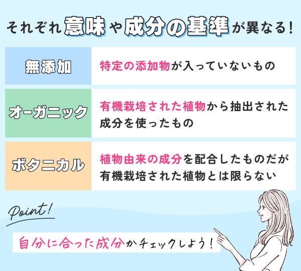 それぞれ意味や成分の基準が異なる!無添加は特定の添加物が入っていないもの。オーガニックは有機栽培された植物から抽出された成分を使ったもの。ボタニカルは植物由来の成分を配合したものだが有機栽培された植物とは限らない。自分に合った成分をチェックしよう!