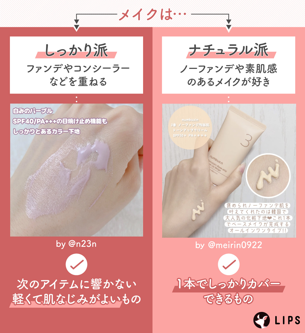 ファンデやコンシーラーなどを重ねるしっかりメイク派なら、次のアイテムに響かない軽くて肌なじみがよいものがおすすめ。ノーファンデや素肌感のあるメイクが好きなナチュラルメイク派なら、1本でしっかりカバーできるものがおすすめ。