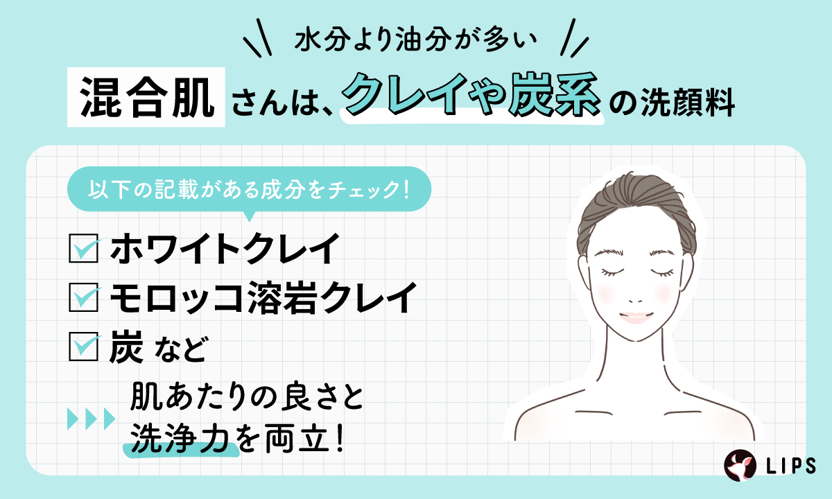 水分より油分が多い混合肌さんは、クレイや炭系の洗顔料がおすすめ。ホワイトクレイ・モロッコ溶岩クレイ・炭などの記載がある成分をチェック！肌あたりの良さと洗浄力を両立！