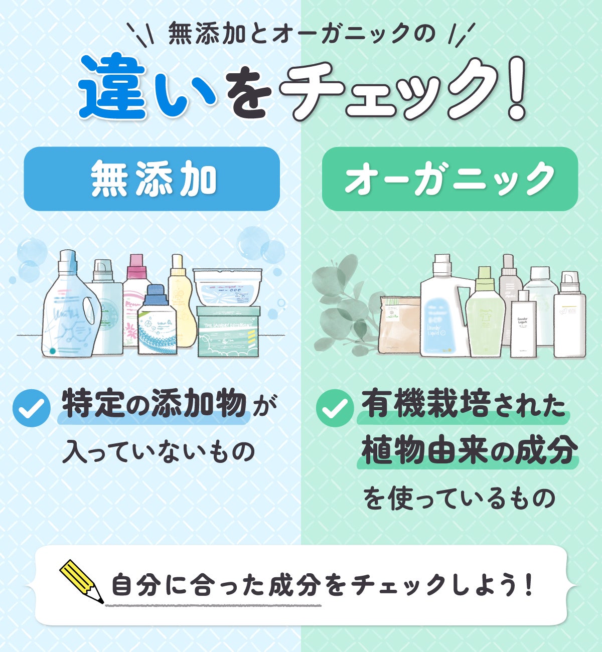 無添加とオーガニックの違いをチェック!無添加は特定の添加物が入っていないもの。オーガニックは有機栽培された植物由来の成分を使っているもの。自分に合った成分をチェックしよう!