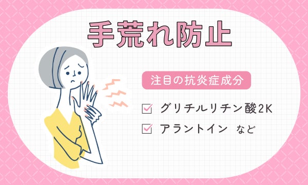 手荒れ防止に注目の抗炎症成分はグリチルリチン酸2K・アラントインなど。