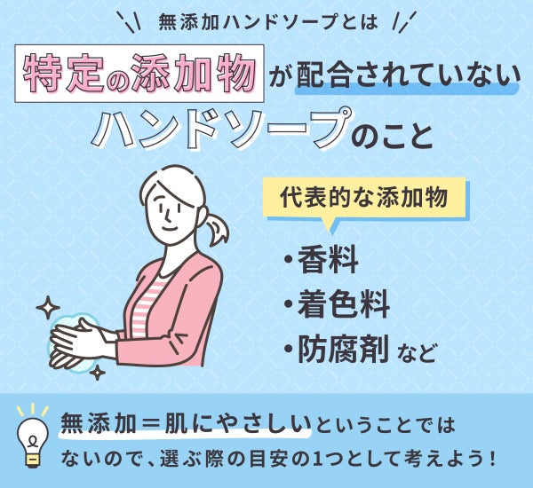 無添ハンドソープとは特定の添加物が配合されていないハンドソープのこと。代表的な添加物は香料・着色料・防腐剤など。添加物=肌にやさしいということではないので、選ぶ際の目安の1つとして考えよう!