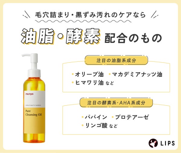 毛穴詰まり・黒ずみ汚れのケアなら油脂・酵素配合のもの。注目の油脂系成分はオリーブ油、マカデミアナッツ油、ヒマワリ油など。注目の酵素系・AHA系成分はパパイン、プロテアーゼ、リンゴ酸など。