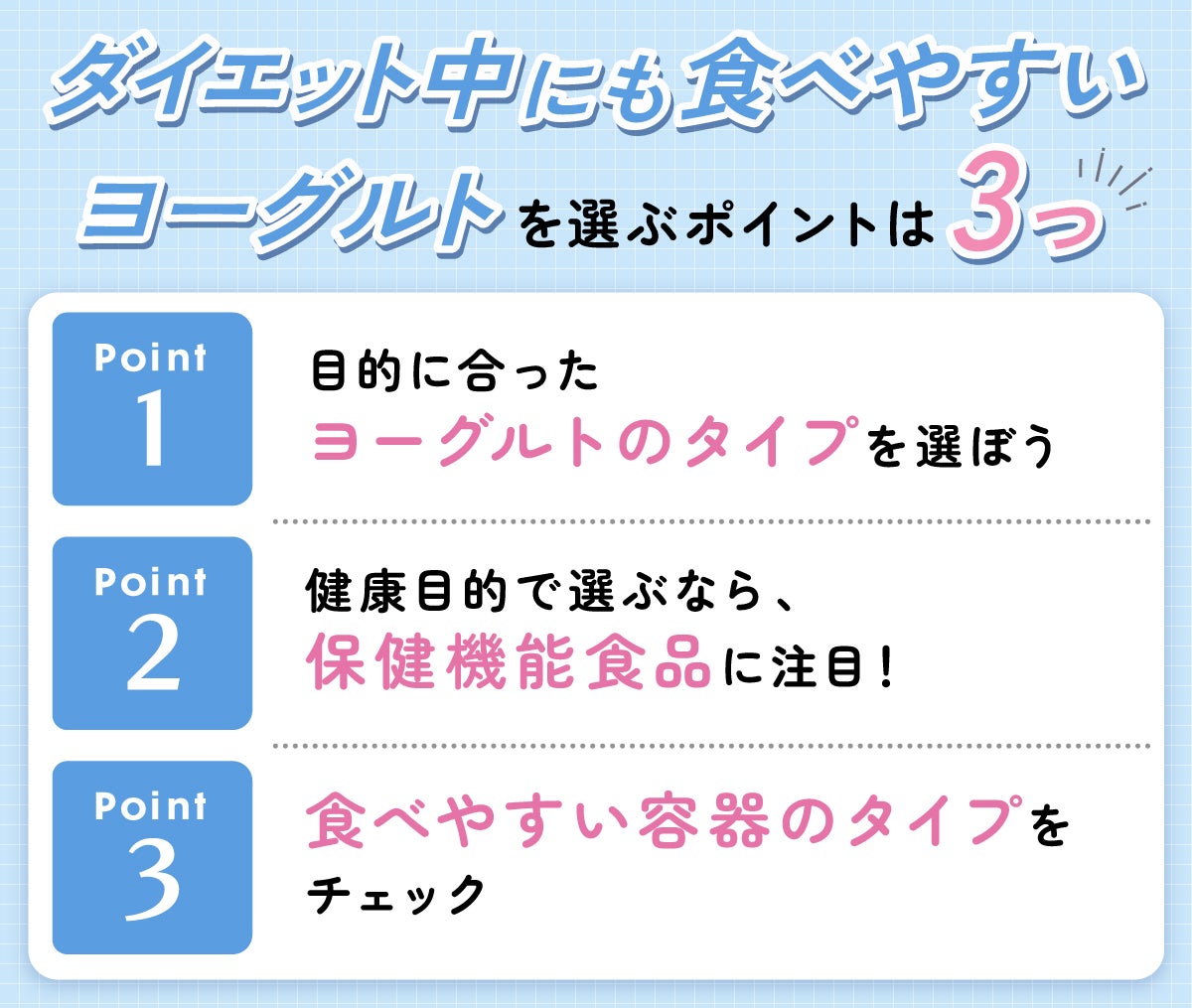 ダイエット中にも食べやすいヨーグルトを選ぶポイントは3つ。目的に合ったヨーグルトのタイプを選ぼう。健康目的で選ぶなら、保健機能食品に注目!食べやすい容器のタイプをチェック。