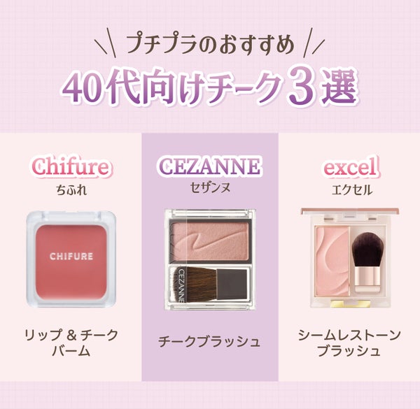 プチプラのおすすめ40代向けチーク3選。Chifure(ちふれ)リップ & チーク バーム・CEZANNE(セザンヌ)チークブラッシュ・excel(エクセル)シームレストーン ブラッシュ。