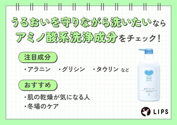 うるおいを守りながら洗いたいならアミノ酸系洗浄成分をチェック!注目成分はアラニン・グリシン・タウリンなど。肌の乾燥が気になる人や冬場のケアにおすすめ。