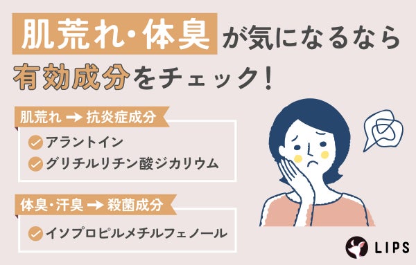 肌荒れ・体臭が気になるなら有効成分配合をチェック!肌荒れにはアラントインやグリチルリチン酸ジカリウムなどの抗炎症成分。体臭・汗臭にはイソプロピルメチルフェノールなどの殺菌成分に注目。