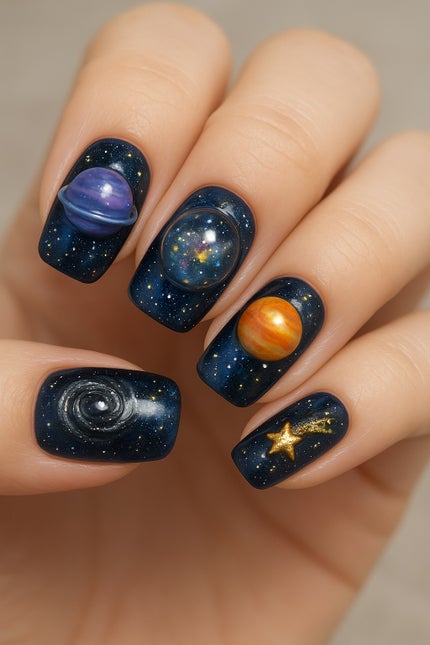 セリア GALAXY宇宙ネイルのクチコミ「🌌 宇宙っぽいぷっくりネイルデザイン
1. 惑星ぷっくりネイル
• カラフルな惑星モチーフ.....」(1枚目)