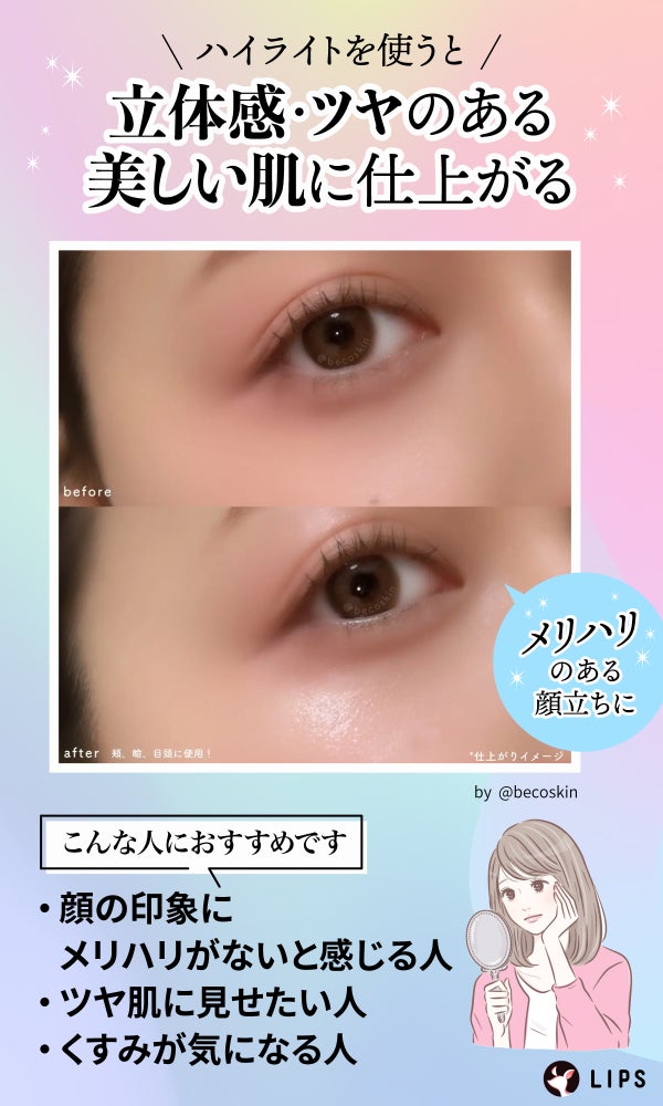 ハイライトを使うと立体感・ツヤのある美しい肌に仕上がる。顔の印象にメリハリがないと感じる人・ツヤ肌に見せたい人・くすみが気になる人におすすめ。
