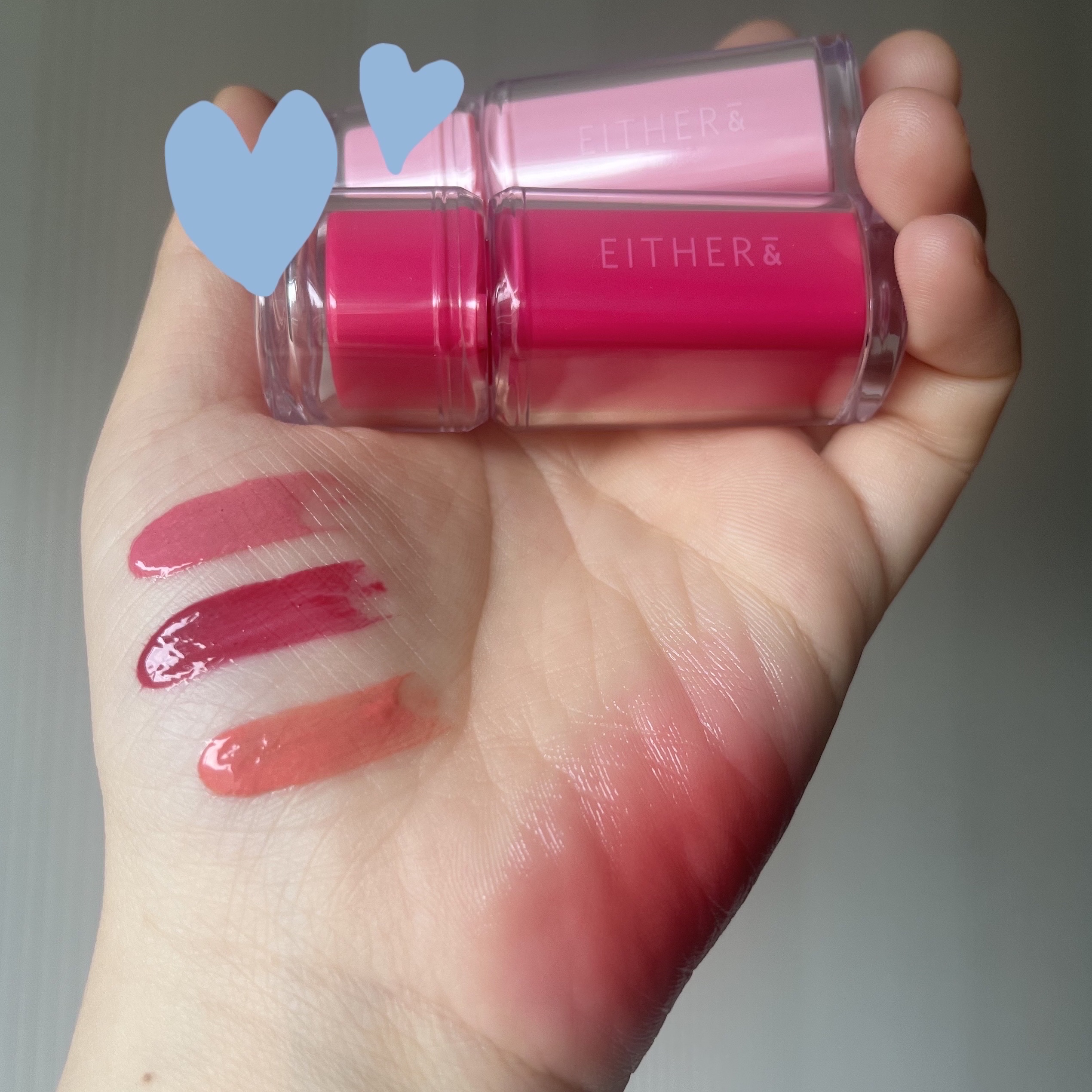 イーザーアンドさんからいただきました！(❤️)
そしてついに韓国オリヤンに入店！🥳🎉👏
（まずはオンラインから！）

今回いただいたのはピンク系の新色、7〜9番！💗
上から7番→8番→9番の順です！

全体的にブルベ向けの印象だけど