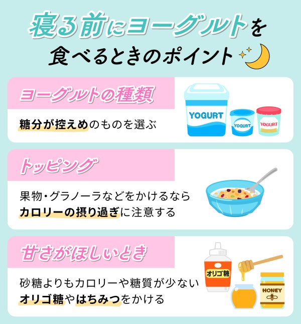 寝る前にヨーグルトを食べるときのポイント。ヨーグルトの種類は糖分が控えめのものを選ぶ。果物・グラノーラなどをかけるならカロリーの摂り過ぎに注意する。甘さがほしいときは砂糖よりもカロリーや糖質が少ないオリゴ糖やはちみつをかける。