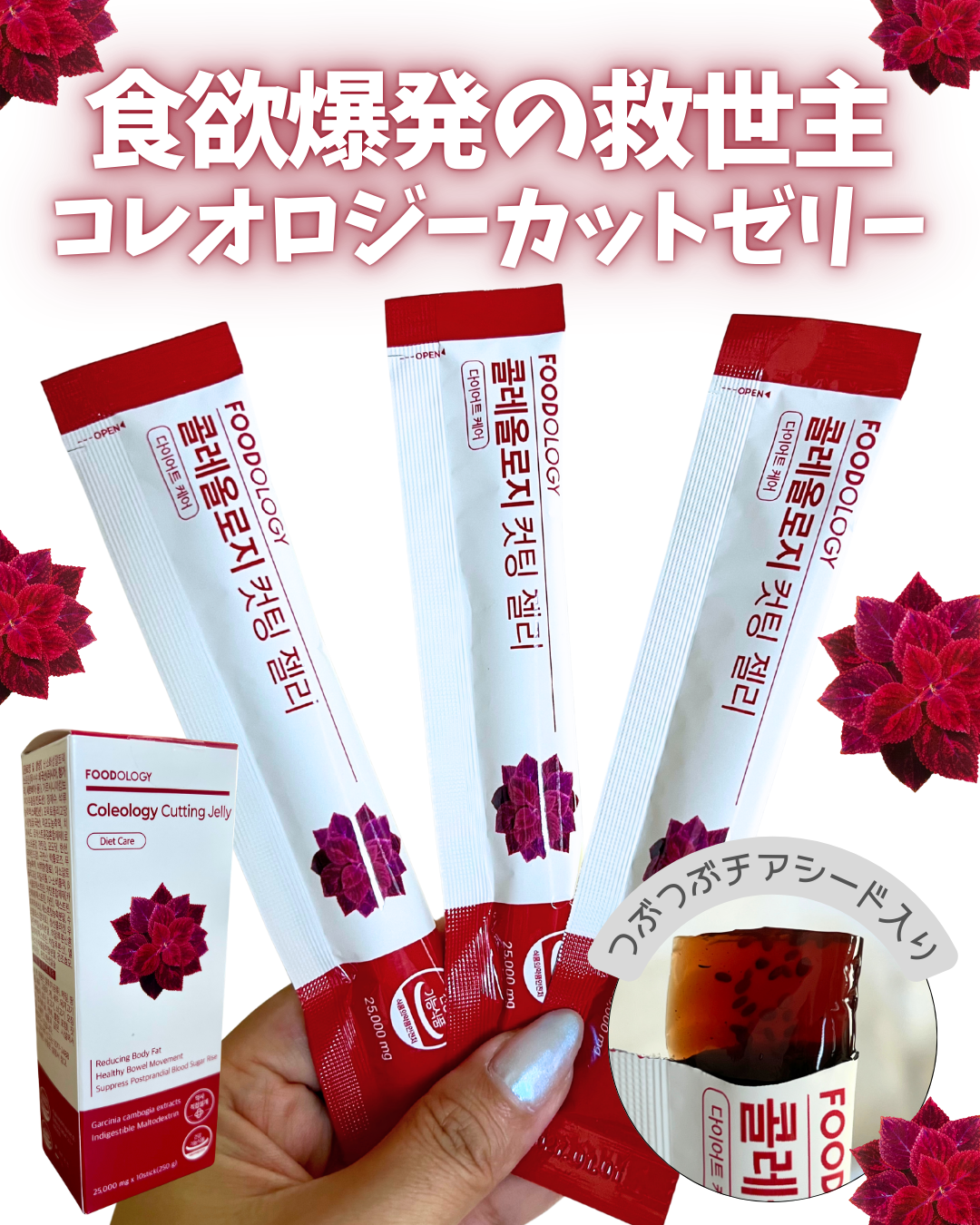 　　＼🐻‍❄️食欲爆発の救世主⁉️🤭／
🌹食べるコスメ
【コレオロジーカットゼリー】のご紹介です💁🏻‍♀️💕

まず驚いたのが、そのおいしさ❤️
甘酸っぱいザクロの味が、まるで本物のデザートを食べているみたいで、
これまでの「い