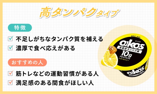 高タンパクタイプは不足しがちなタンパク質を補えて濃厚で食べ応えがあるのが特徴。筋トレなどの運動習慣がある人や満足感のある間食がほしい人におすすめ。