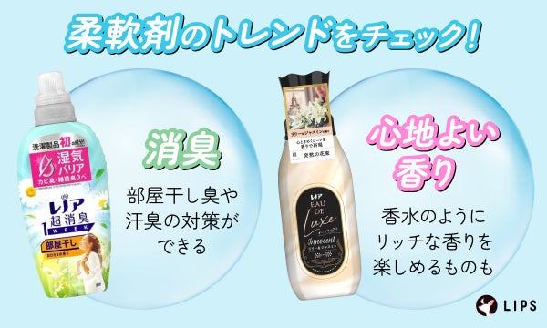 柔軟剤のトレンドをチェック!部屋干し臭や汗臭の対策ができる消臭タイプや、心地よい香りで香水のようにリッチな香りを楽しめるものも人気。