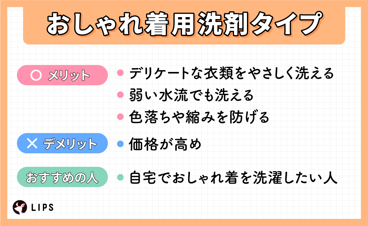 おしゃれ着用洗剤タイプはデリケートな衣類をやさしく洗えること・弱い水流でも洗えること・色落ちや縮みを防げるのがメリット。価格が高めなのがデメリット。自宅でおしゃれ着を洗濯したい人におすすめ。