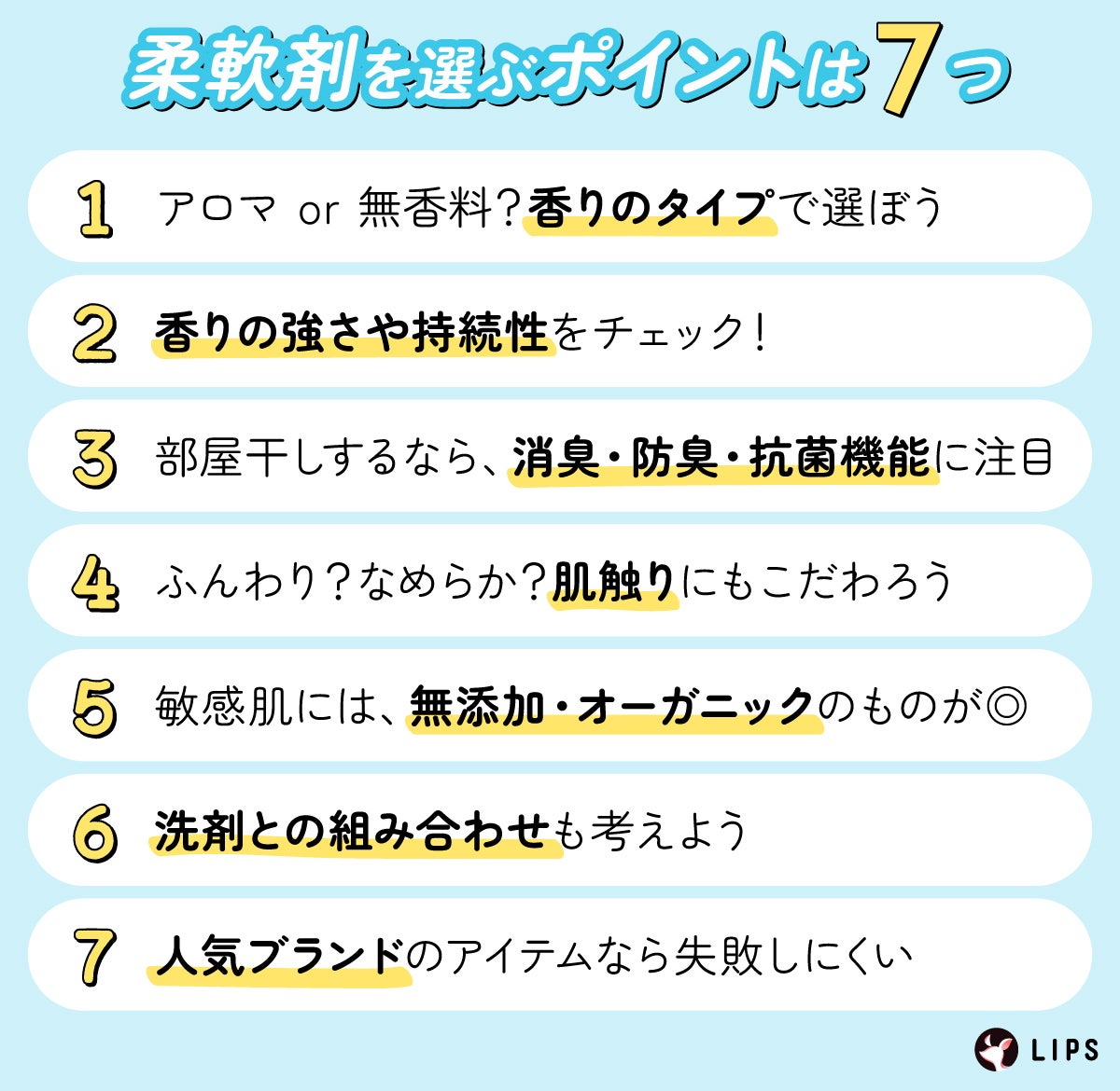 柔軟剤を選ぶポイントは7つ。アロマor無香料?香りのタイプで選ぼう。香りの強さや持続性をチェック!部屋干しするなら、消臭・防臭・抗菌機能に注目。ふんわり?なめらか?肌触りにもこだわろう。敏感肌には、無添加・オーガニックのものが◎洗剤との組み合わせも考えよう。人気ブランドのアイテムなら失敗しにくい。
