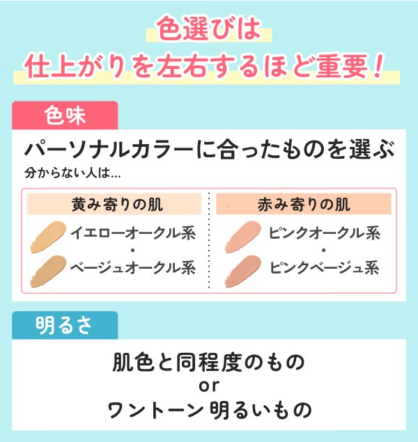 色選びは仕上がりを左右するほど重要!色味はパーソナルカラーに合ったものを選ぶ。黄み寄りの肌ならイエローオークル系やベージュオークル系。赤み寄りの肌ならピンクオークル系やピンクベージュ系。明るさは肌色と同程度のものかワントーン明るいものがよいです。