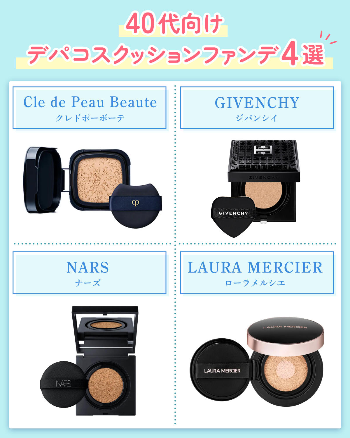 40代向けデパコスクッションファンデ4選。Cle de Peau Beaute・GIVENCHY・NARS・LAURA MERCIER。