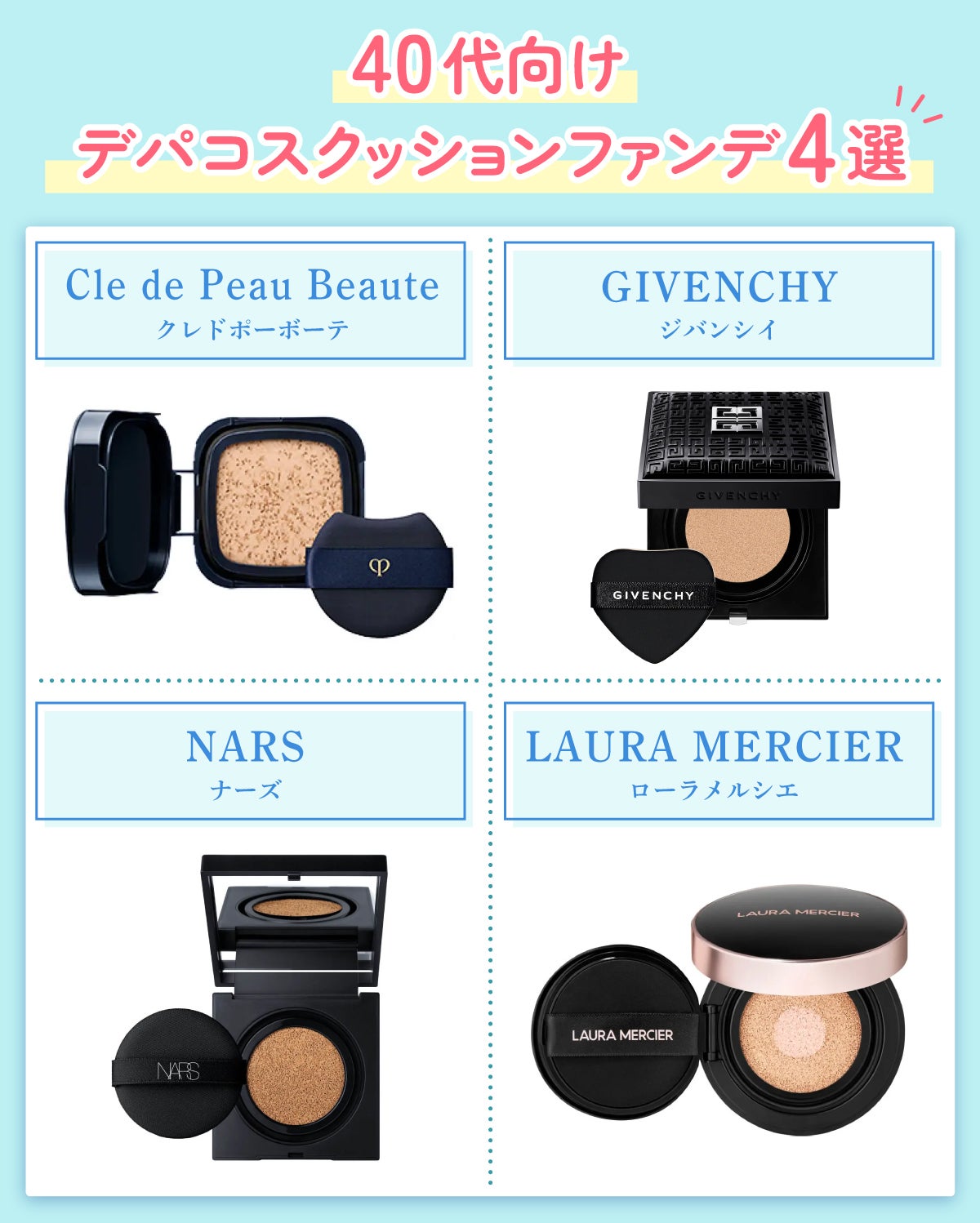 40代向けデパコスクッションファンデ4選。Cle de Peau Beaute・GIVENCHY・NARS・LAURA MERCIER。