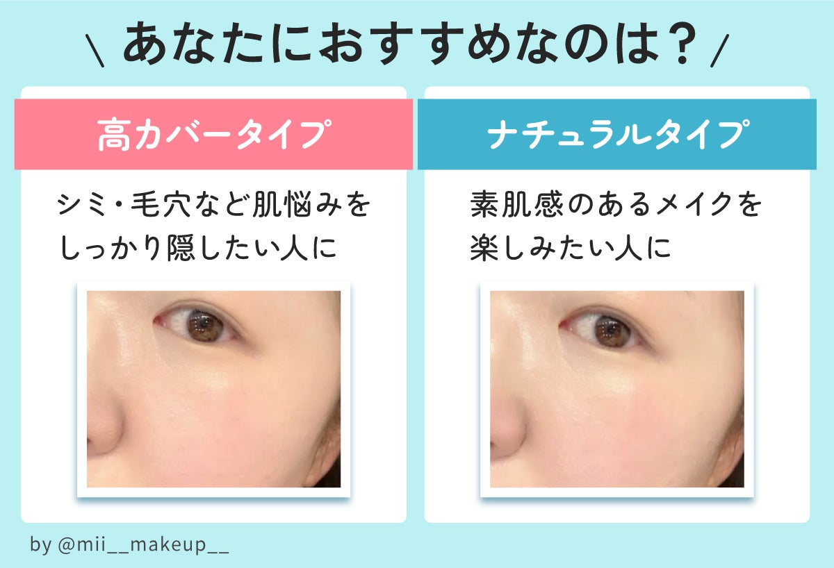 あなたにおすすめなのは?シミ・毛穴など肌悩みをしっかり隠したい人には高カバータイプ。素肌感のあるメイクを楽しみたい人にはナチュラルタイプ。