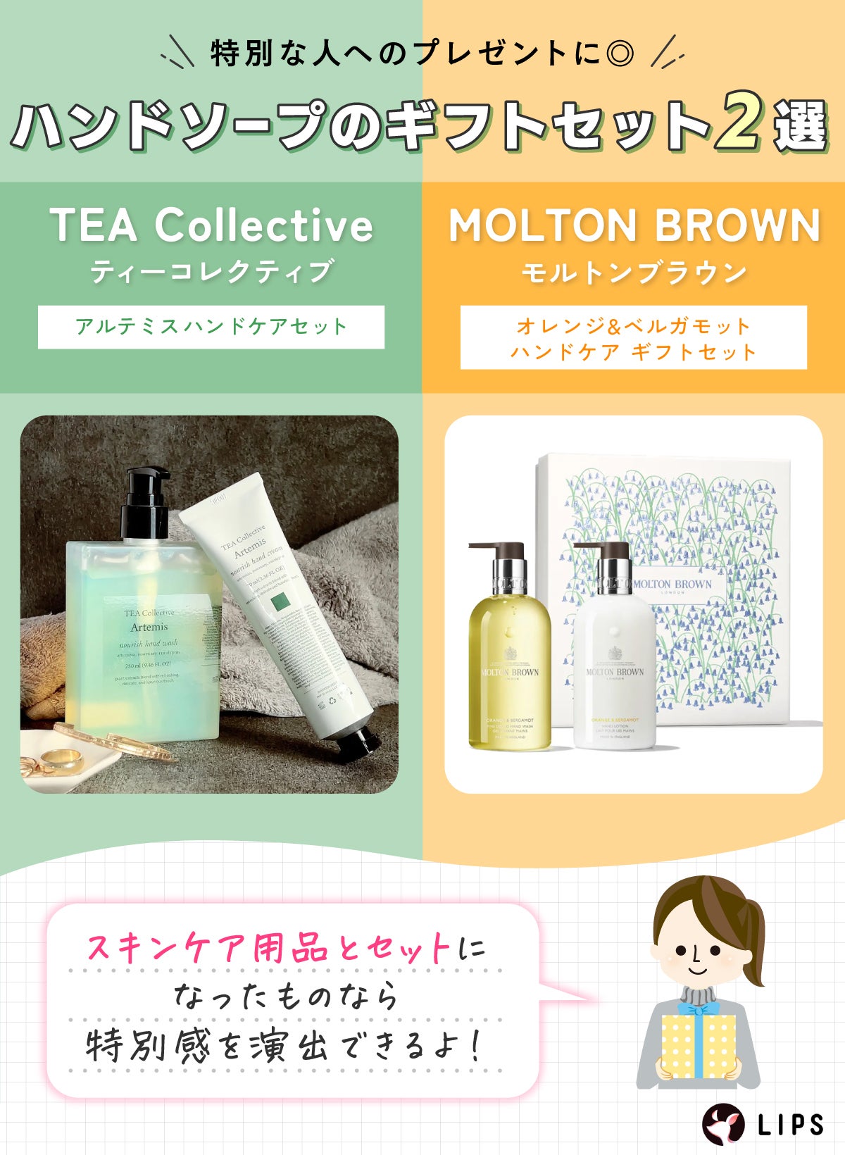 特別な人へのプレゼントに◎ハンドソープのギフトセット2選。TEA Collective(ティーコレクティブ)アルテミス ハンドケアセット・MOLTON BROWN(モルトンブラウン)オレンジ&ベルガモット ハンドケア ギフトセット。スキンケア用品とセットになったものなら特別感を演出できるよ!