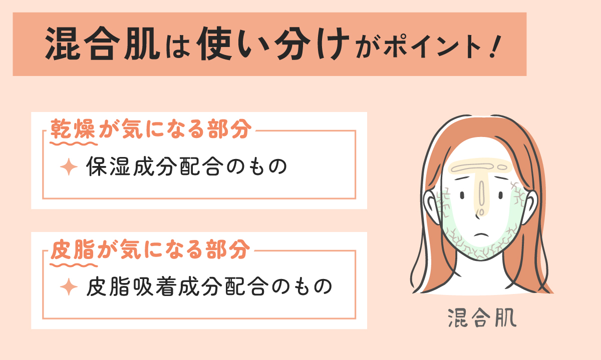 混合肌は使い分けがポイント！乾燥が気になる部分には保湿成分配合のもの。皮脂が気になる部分には皮脂吸着成分配合のもの。