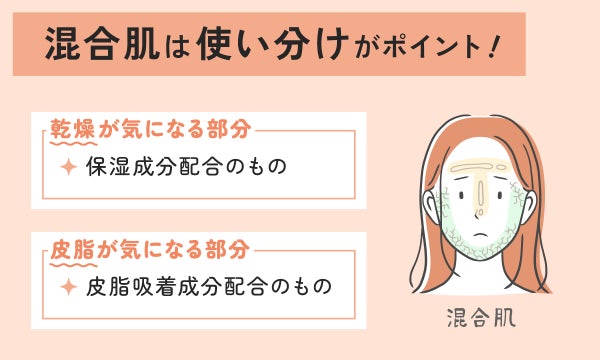 混合肌は使い分けがポイント!乾燥が気になる部分には保湿成分配合のもの。皮脂が気になる部分には皮脂吸着成分配合のもの。