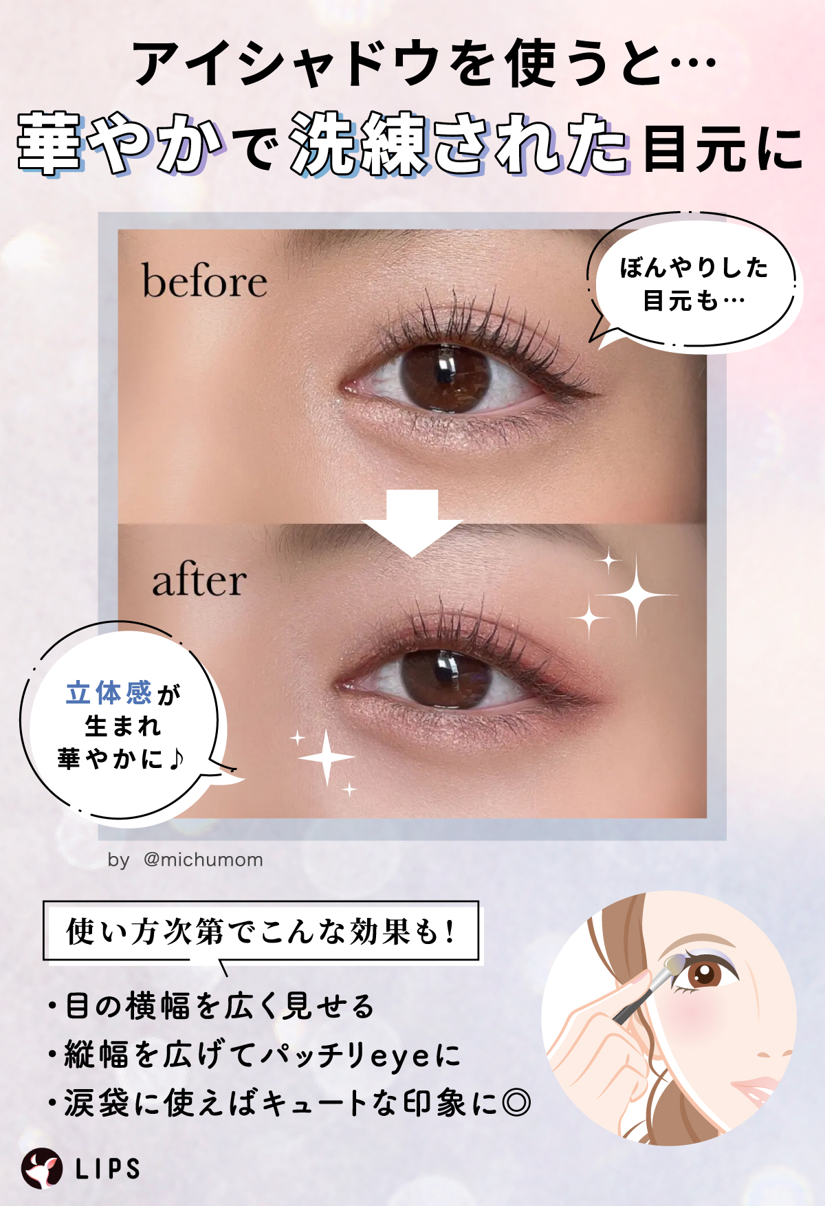 アイシャドウを使うと華やかで洗練された目元に。使い方次第で目の横幅を広く見せる・縦幅を広げてパッチリeyeに・涙袋に使えばキュートな印象にといった効果も！