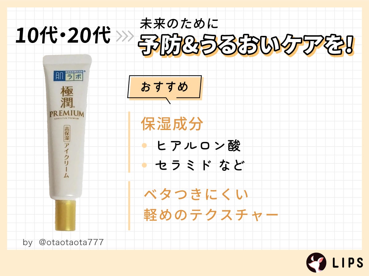 10代・20代は未来のために予防&うるおいケアを!べたつきにくい軽めのテクスチャーでヒアルロン酸・セラミドなどの保湿成分がおすすめ。