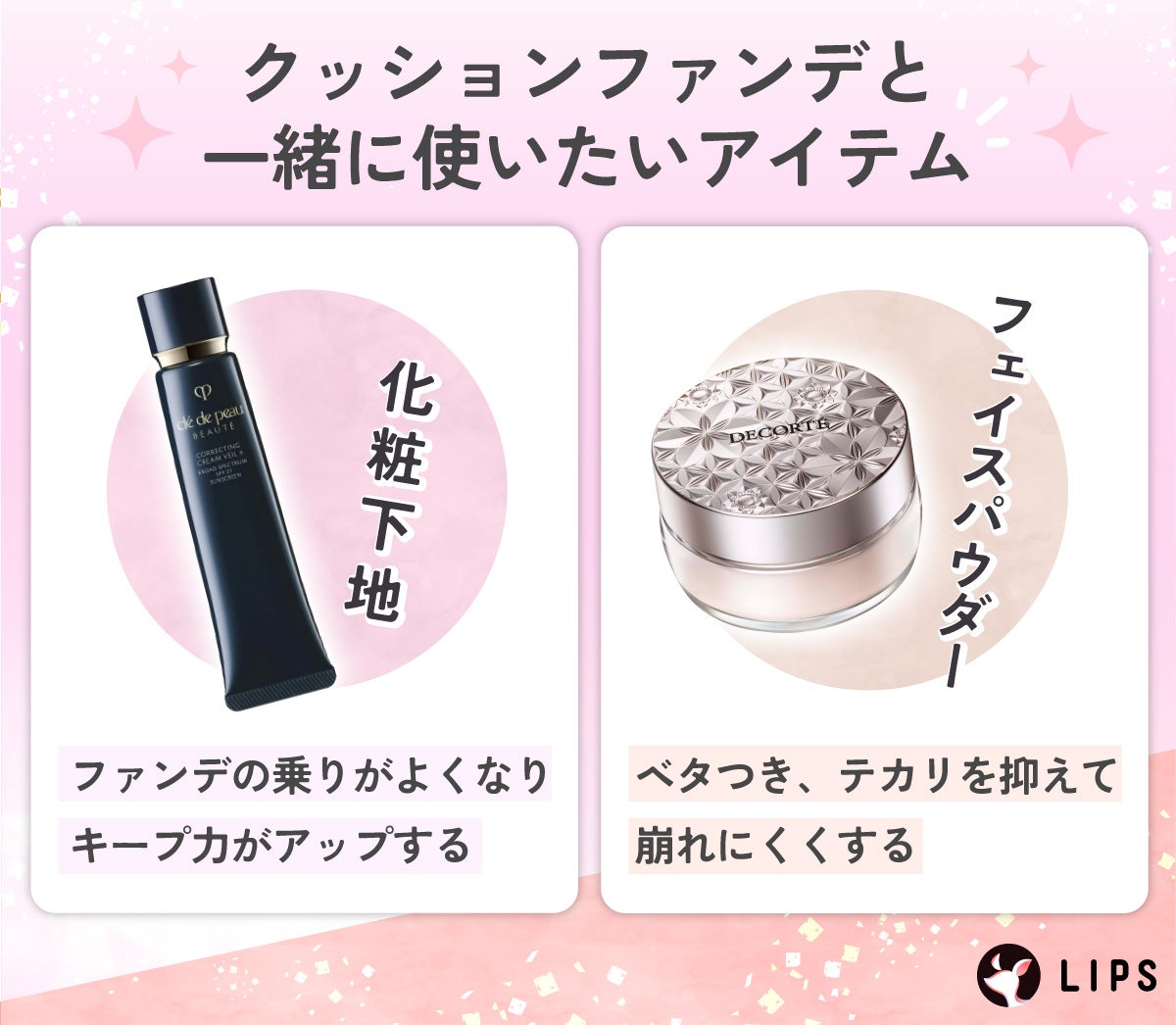 クッションファンデと一緒に使いたいアイテム。化粧下地はファンデの乗りがよくなりキープ力がアップする。フェイスパウダーはベタつき、テカリを抑えて崩れにくくする。