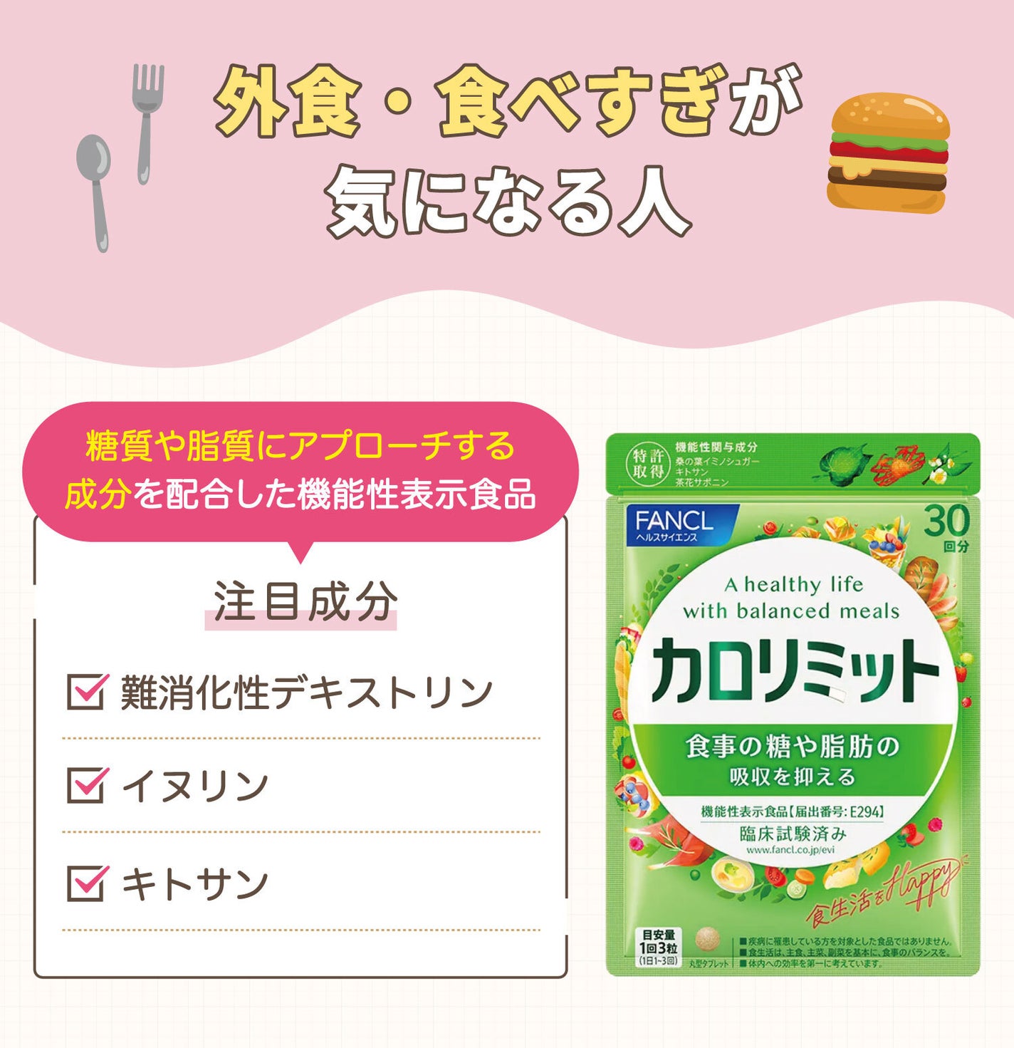 外食・食べすぎが気になる人には糖質や脂質にアプローチする成分を配合した機能性表示食品がおすすめ。注目成分は難消化性デキストリン・イヌリン・キトサンです。
