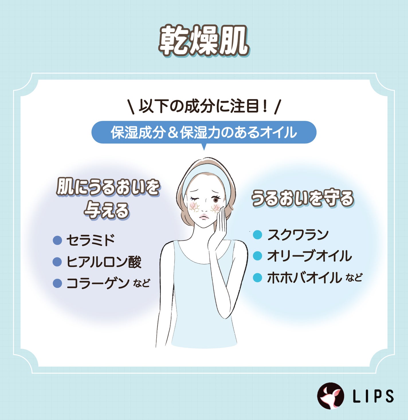 乾燥肌は保湿成分&保湿力のあるオイル。肌にうるおいを与えるセラミド・ヒアルロン酸・コラーゲンなどや、うるおいを守るスクワラン・オリーブオイル・ホホバオイルなどに注目。