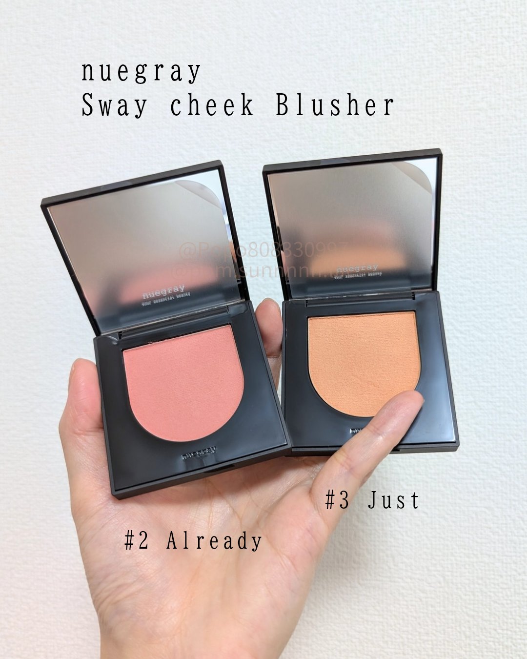 nuegray 
Sway Cheek Blusher #購入品

ヌグレイのチーク届いた😍🫶
開けたらパケがスタイリッシュでびっくりしたよ😳
お色とっても可愛い〜！！
# 2  Already
# 3  Just

もちっとふわっと