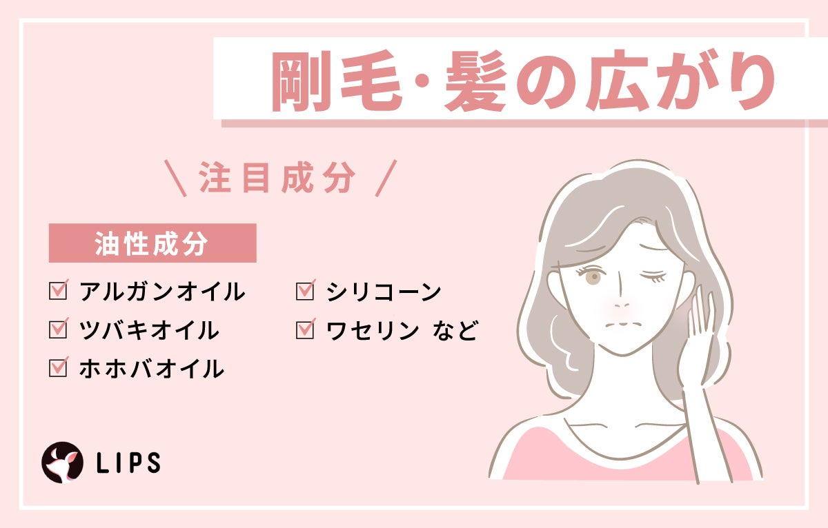 剛毛・髪の広がりの注目成分はアルガンオイル・ツバキオイル・ホホバオイル・シリコーン・ワセリンなどの油性成分。