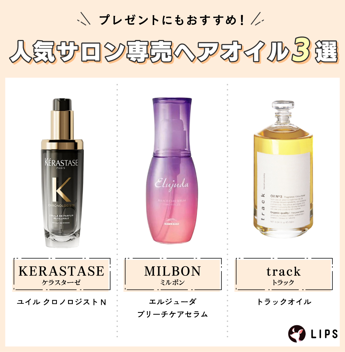 プレゼントにおすすめ！人気サロン専売ヘアオイル3選。KERASTASE ユイル クロノロジスト N・MILBON エルジューダブリーチケアセラム・track トラック オイル。