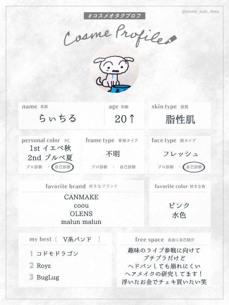 らぃちる  on LIPS 「【コスメオタクプロフィール】Xにて配布されている、ぽめすき@p..」(2枚目)