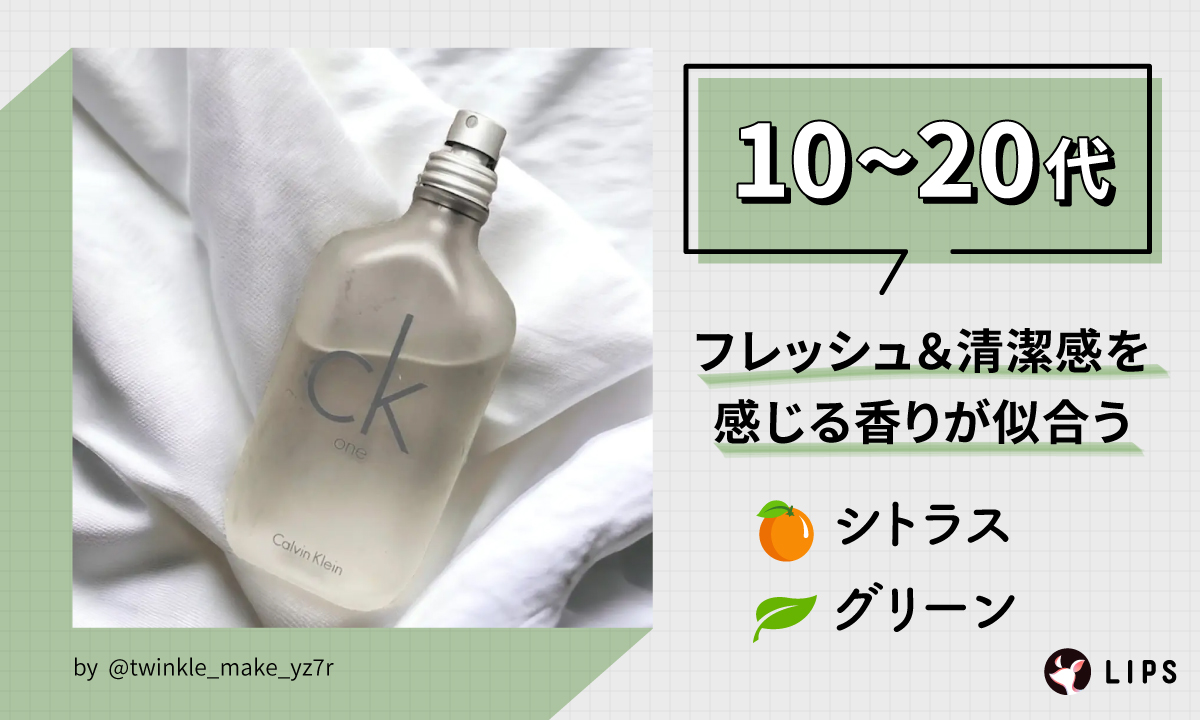 10代～20代はシトラスやグリーンのようなフレッシュ＆清潔感を感じる香りが似合う。