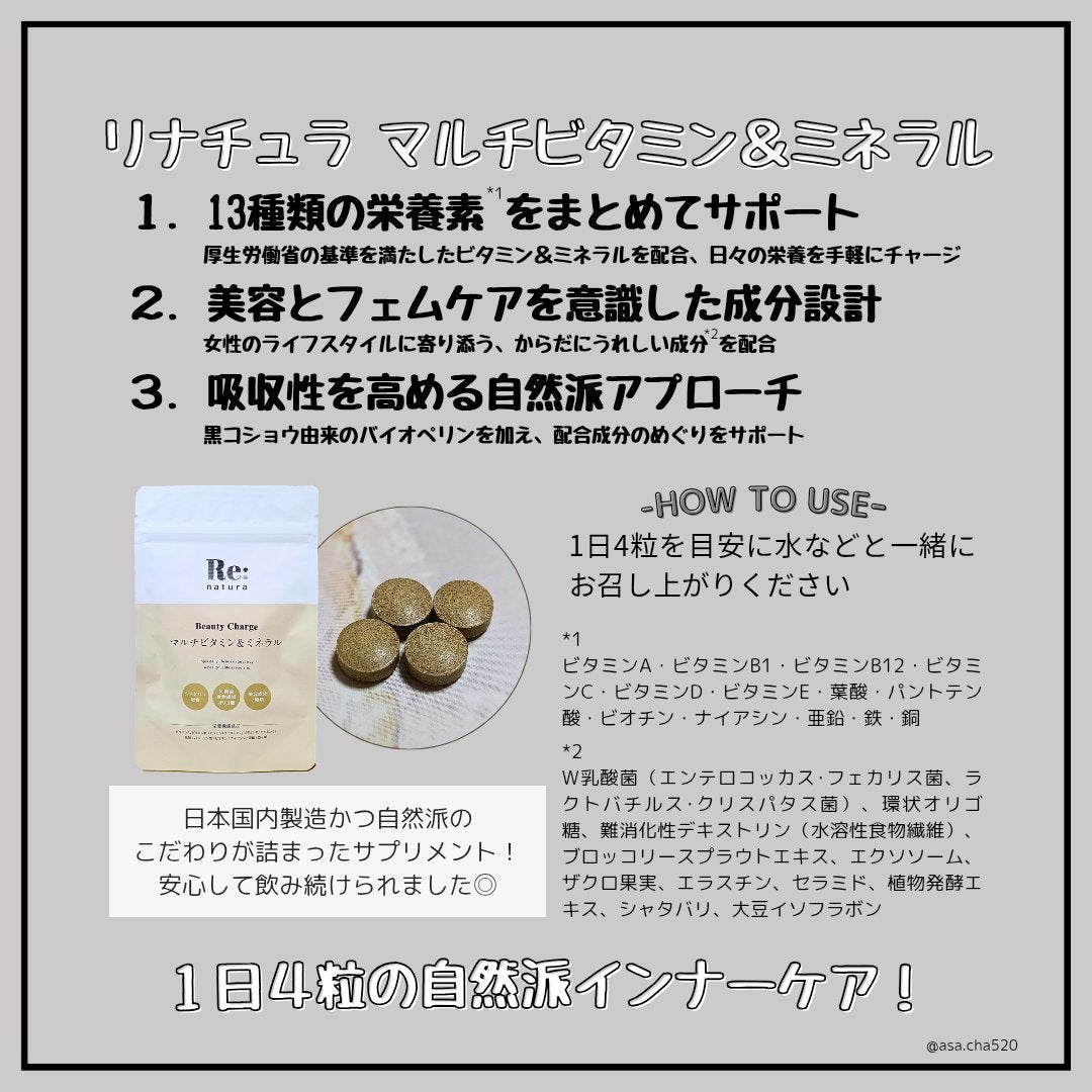 リナチュラ ビューティーチャージ マルチビタミン&ミネラル/Re:natura/美容サプリメントを使ったクチコミ(2枚目)