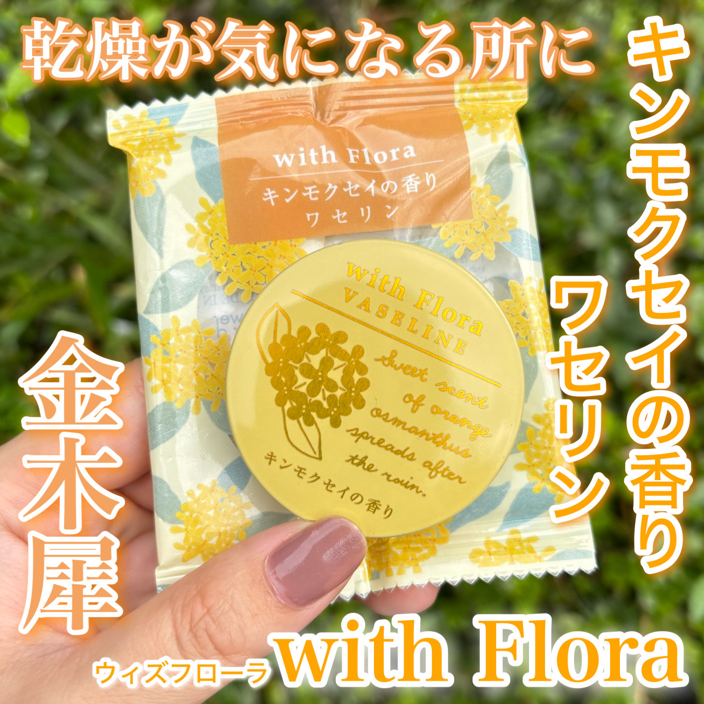 ウィズフローラ
ワセリン
甘くやさしいキンモクセイの香り
15g 660円

雑貨屋さんで購入

唇、手先、肘、踵など
乾燥が気になる部分ケアに

ほのかにキンモクセイ？を感じる
高保湿ワセリン

キンモクセイと言われると
ちょっと違うかな