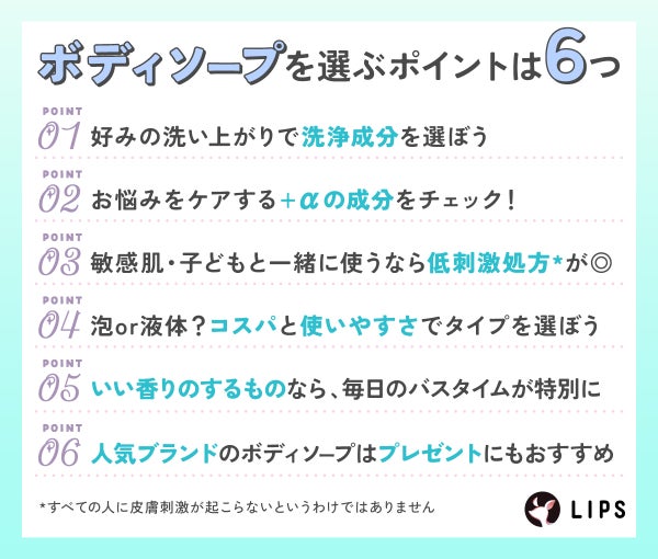 ボディーソープを選ぶポイントは6つ。好みの洗い上がりで洗浄成分を選ぼう。お悩みをケアする+αの成分をチェック!敏感肌・子どもと一緒に使うなら低刺激処方が◎泡?液体?コスパと使いやすさでタイプを選ぼう。いい香りのするものなら、毎日のバスタイムが特別に。人気ブランドのボディソープはプレゼントにもおすすめ。