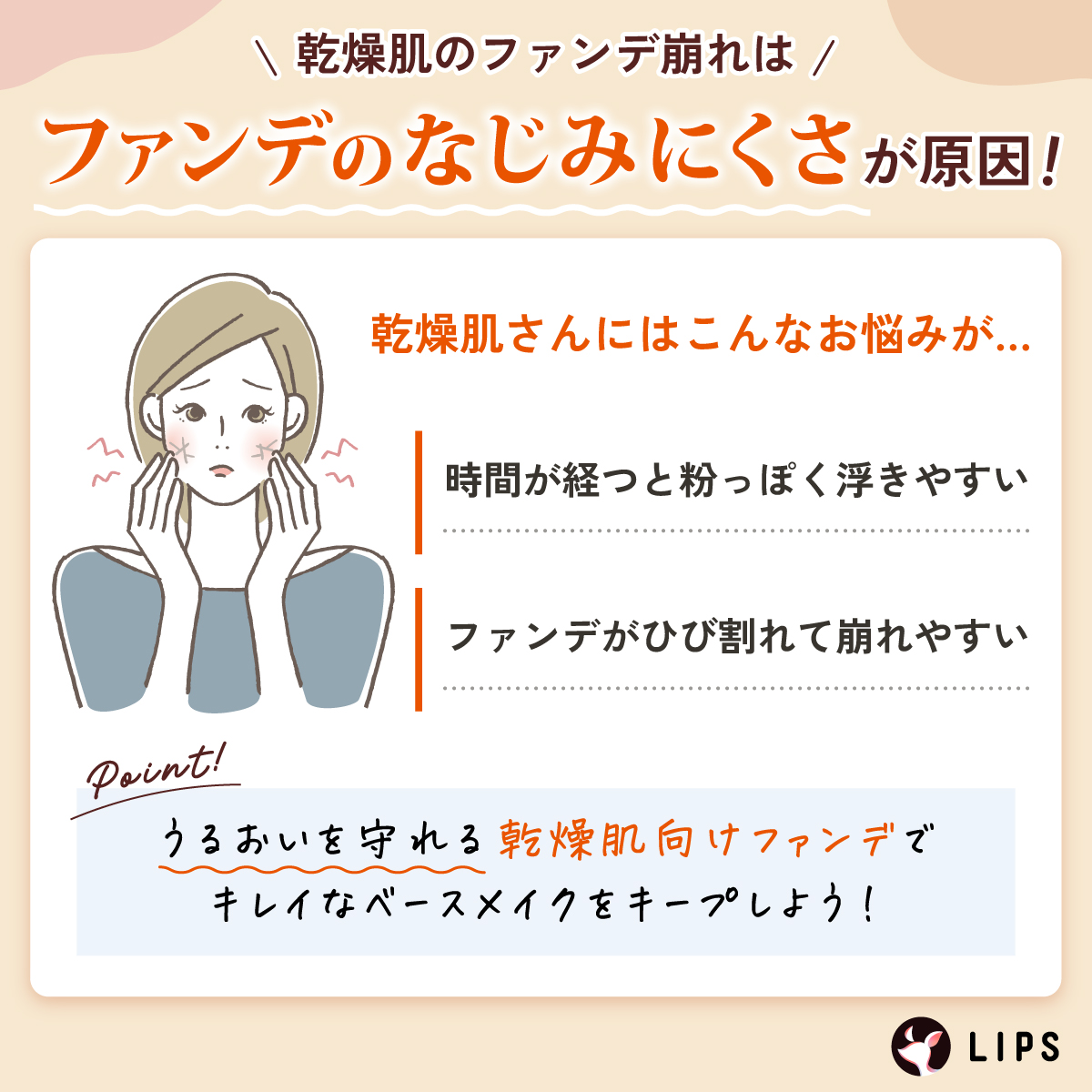 乾燥肌のファンデ崩れはファンデのなじみにくさが原因！乾燥肌さんには時間が経つと粉っぽく浮きやすい・ファンデがひび割れて崩れやすいなどのお悩みが。