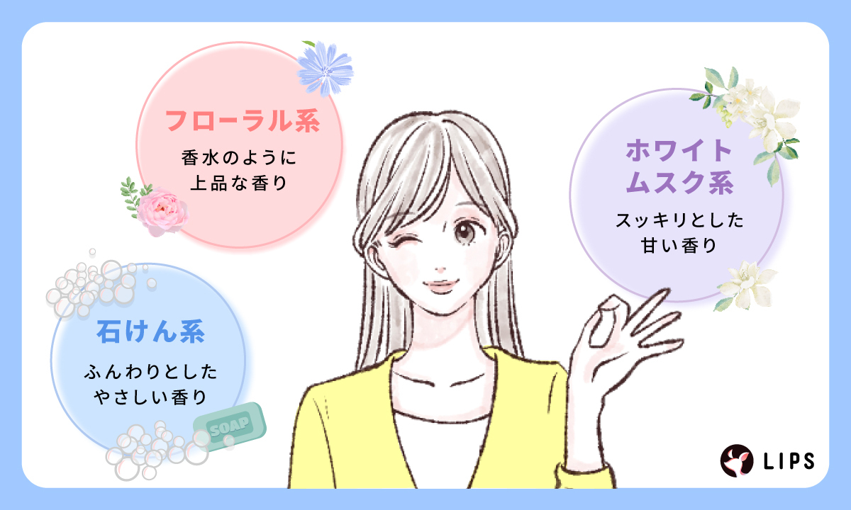 フローラル系は香水のように上品な香り。ホワイトムスク系はスッキリとした甘い香り。石けん系はふんわりとしたやさしい香り。
