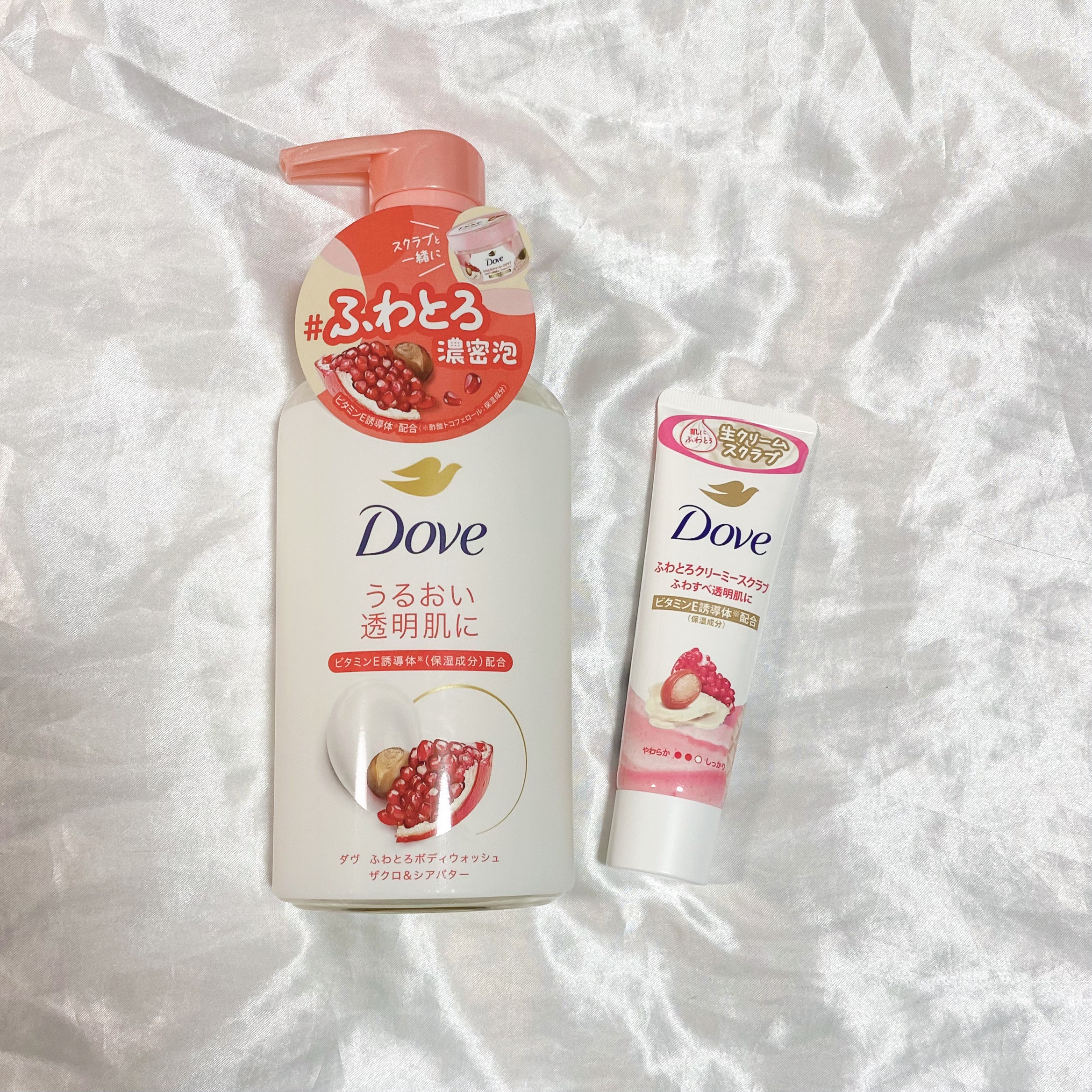 
・ふわとろボディウォッシュ 
・ダヴ ふわとろ クリーミースクラブ 

どちらもザクロ&シアバターの香り🧈

ボディウォッシュと一緒にスクラブを混ぜて使える商品です！
手間が省けて一気にケアできるのが嬉しい✴︎

泡立ちがすごく良くて、