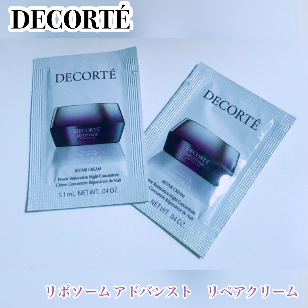 DECORTÉ
・リポソーム アドバンスト　リペアクリーム

サンプル使用の感想です❣️

香りは特に無いです♪
緩めと固めの間のテクスチャーで伸びも良かったです◎
ナイトクリームなので保湿力も高いです🫧
ただ脂性肌なのでベタつきが…△
