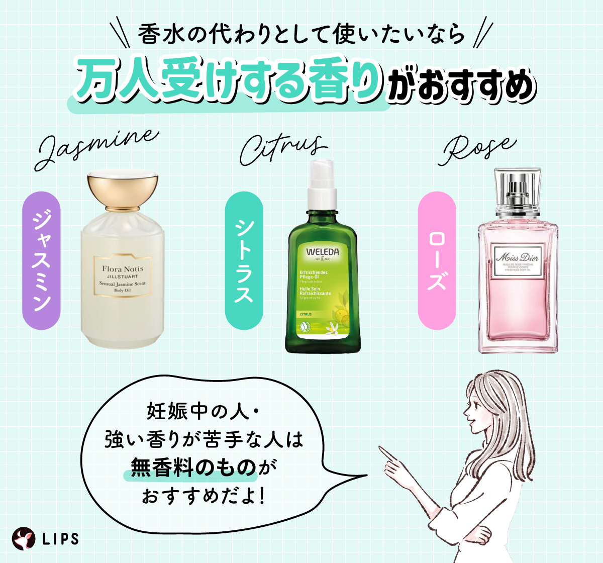 香水の代わりとして使いたいならジャスミン・シトラス・ローズなど万人受けする香りがおすすめ。