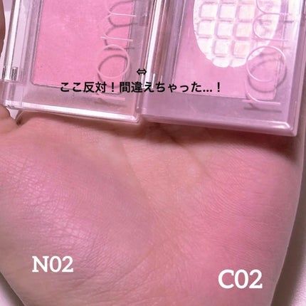 rom&nd ベターザンチークのクチコミ「この2色絶妙に違うの!!
持ってるN02と比較してみました!
両方とも青み寄り白みピンクです!.....」(2枚目)