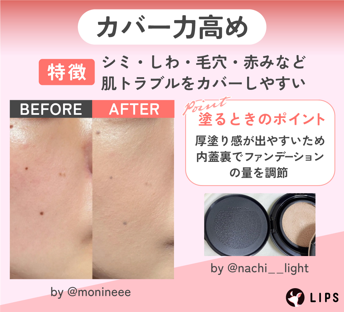 カバー力高いタイプはシミ・しわ・毛穴・赤みなどの肌トラブルをカバーしやすい。厚塗り感が出やすいため内蓋裏でファンデーションの量を調節しましょう。