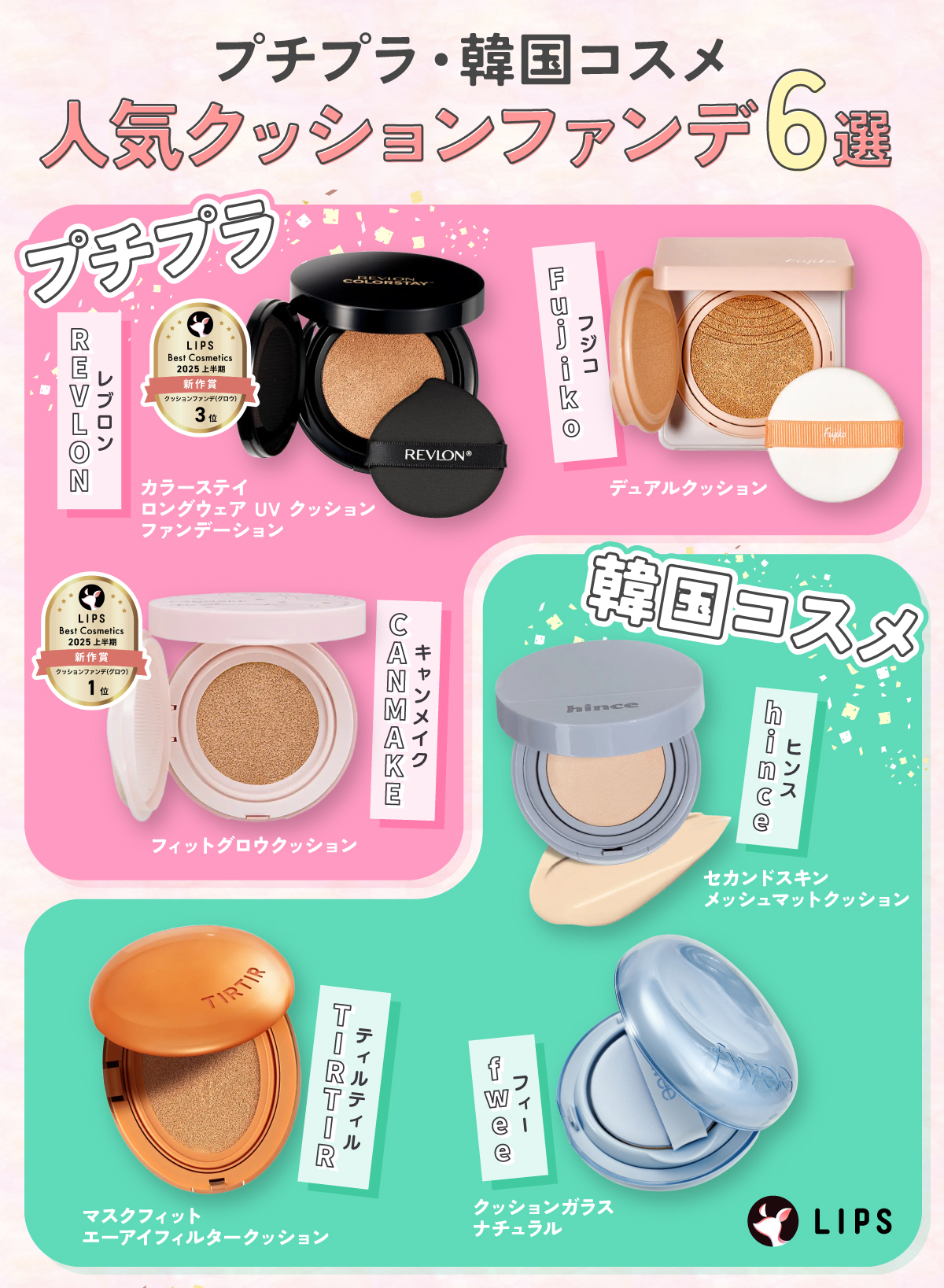プチプラ・韓国コスメ人気クッションファンデ6選。プチプラはfujiko（フジコ）デュアルクッション・CANMAKE（キャンメイク）フィットグロウクッション・REVLON（レブロン）カラーステイ ロングウェア UV クッション ファンデーション。韓国コスメはTIRTIR（ティルティル）マスクフィット エーアイフィルタークッション・hince（ヒンス）セカンドスキンメッシュマットクッション・fwee（フィー）クッションガラスナチュラル。
