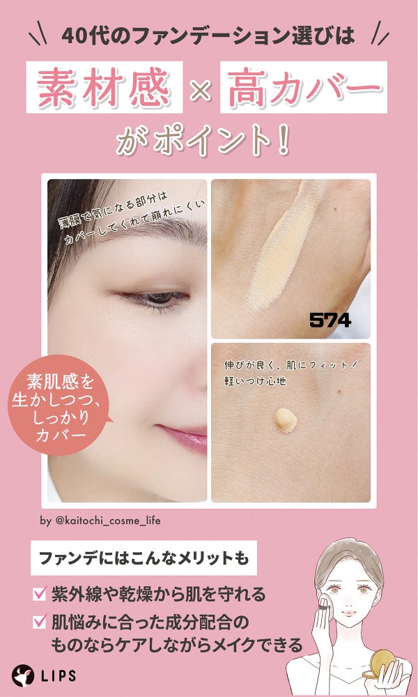 40代のファンデーション選びは素肌感と高カバーがポイント!ファンデには、紫外線や乾燥から肌を守れるメリットや、肌悩みに合った成分配合のものならケアしながらメイクできるメリットがある。